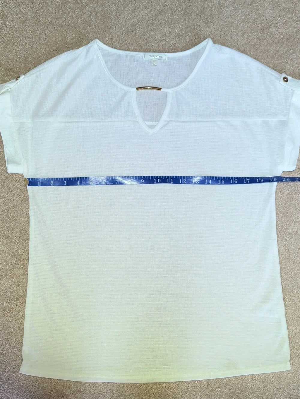 White Short-Sleeve Keyhole Top with Gold Accent - Women